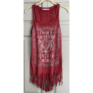 Maurices Red American Country “Southern State Of Mind” Tank Top Bottom Fringe XS